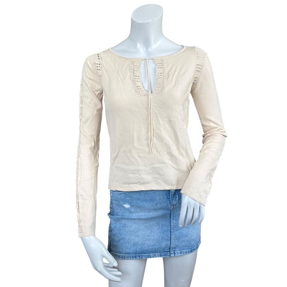 White + Warren Beige Tan Boho Eyelet Tie Neck Hippie Long sleeve Top Size Medium